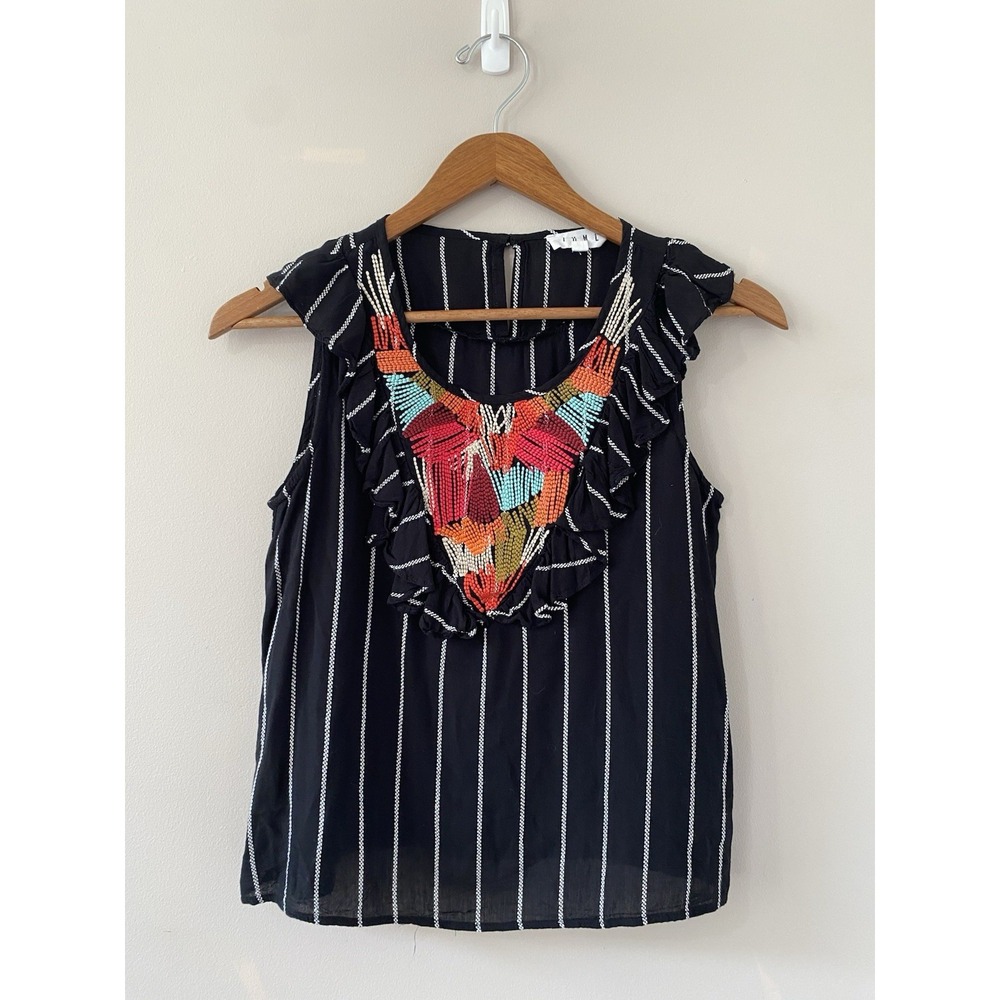THML Sleeveless Top Womens XS Black White Striped Colorful Embroidered‎ Keyhole